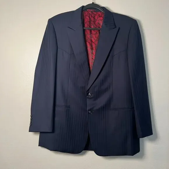 Greg Chapman Bespoke 44R Blazer Sport 100% Wool Navy Stripe Red Paisley Lining